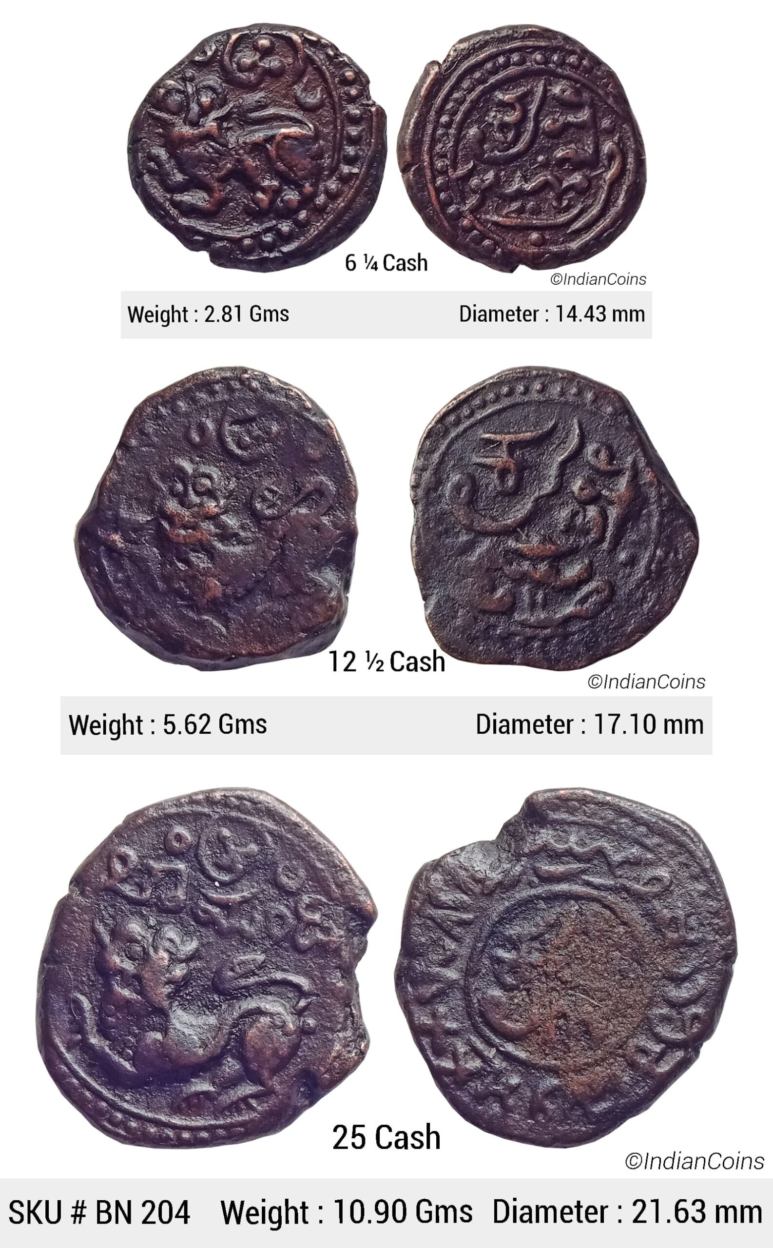 Mysore State Dewan Purnaiya Copper Set 25, 12½ & 6¼ Cash Mysore Mint Sardula Mythical Lion On Obverse KM C187/KM C186/KM C185 BN 204